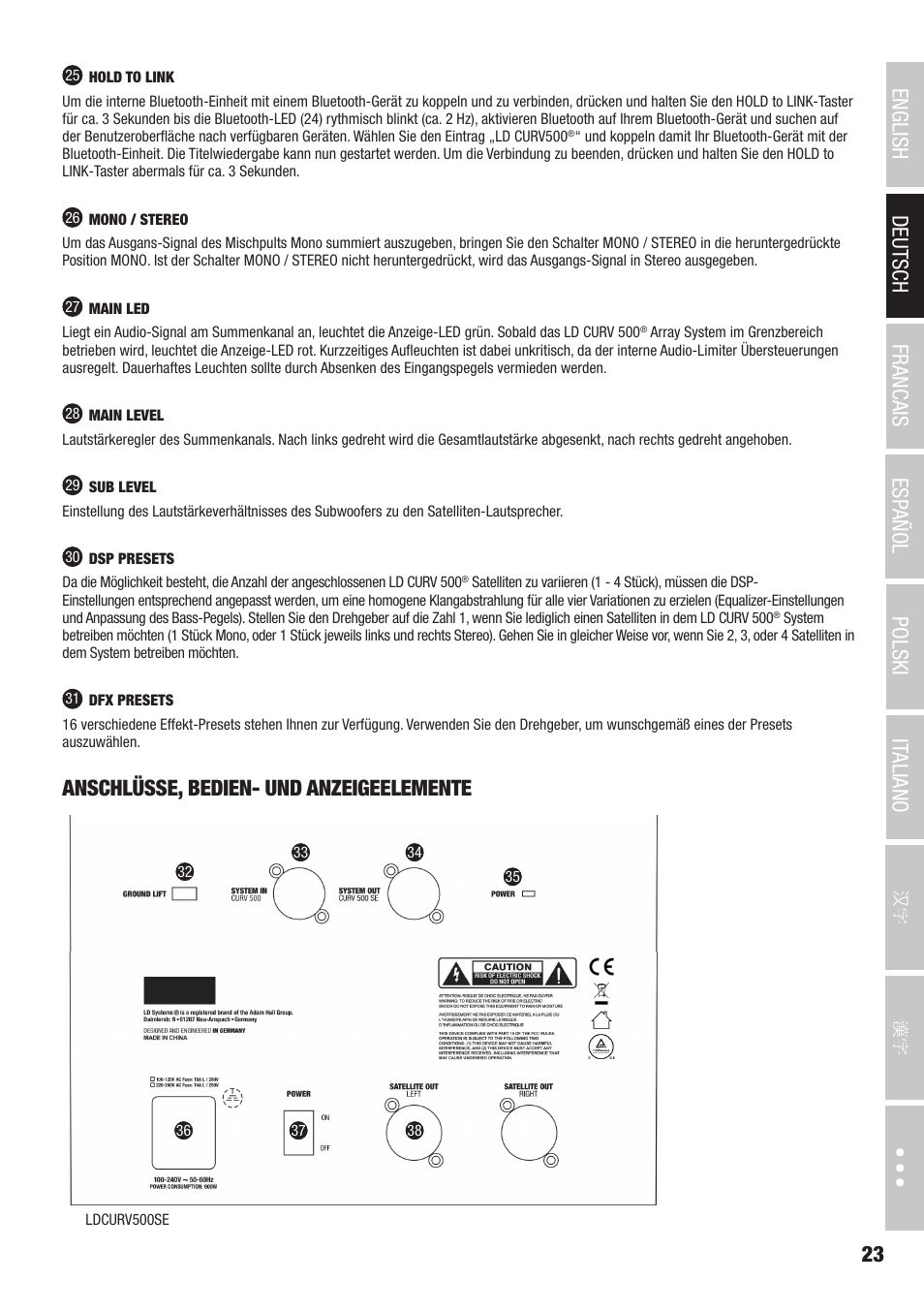 Anschlüsse, bedien- und anzeigeelemente | LD Systems CURV 500 AVS Portable Array System AV Set with Speaker Cables (Black) User Manual | Page 23 / 120