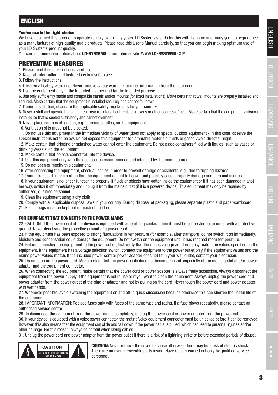 Preventive measures | LD Systems CURV 500 AVS Portable Array System AV Set with Speaker Cables (Black) User Manual | Page 3 / 120