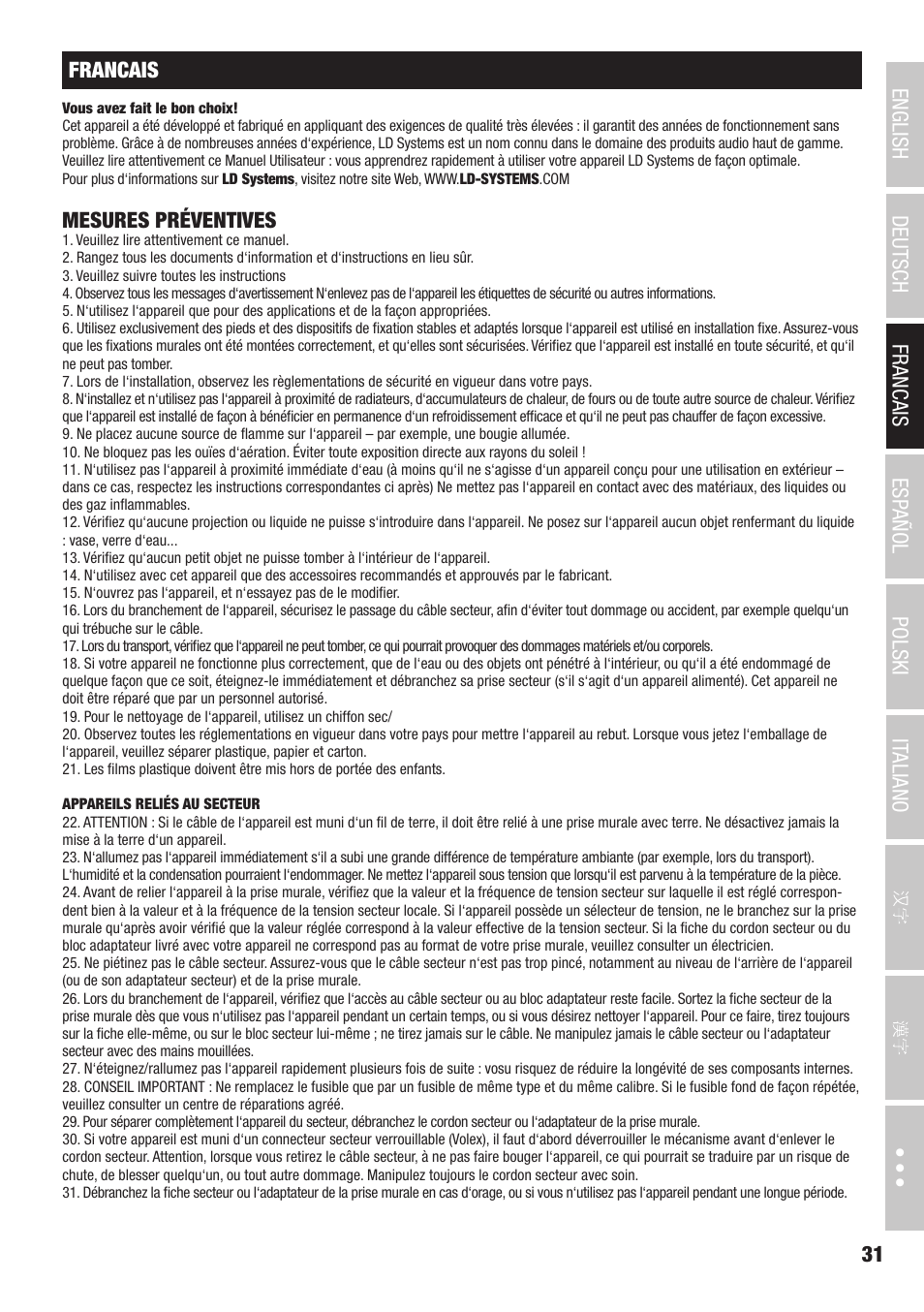 Mesures préventives | LD Systems CURV 500 AVS Portable Array System AV Set with Speaker Cables (Black) User Manual | Page 31 / 120