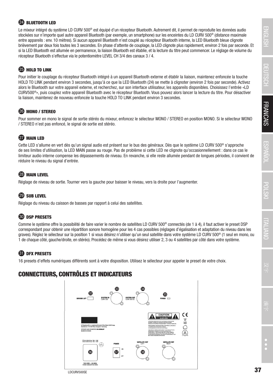 Connecteurs, contrôles et indicateurs | LD Systems CURV 500 AVS Portable Array System AV Set with Speaker Cables (Black) User Manual | Page 37 / 120