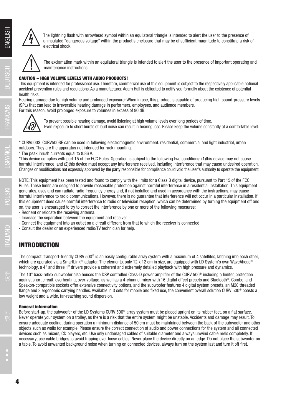 Introduction | LD Systems CURV 500 AVS Portable Array System AV Set with Speaker Cables (Black) User Manual | Page 4 / 120