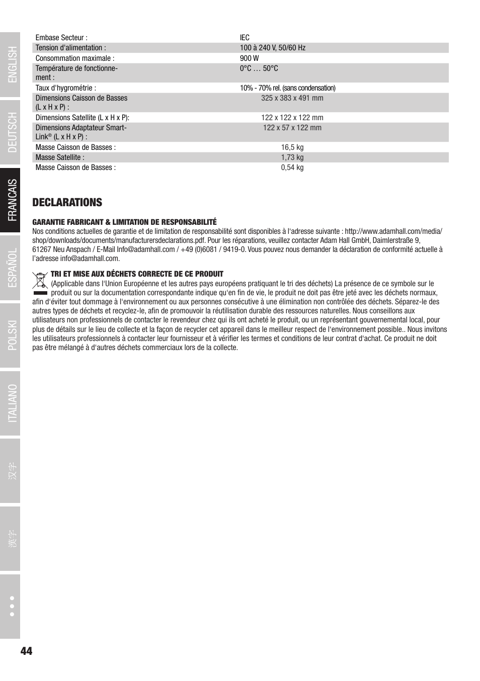 Declarations | LD Systems CURV 500 AVS Portable Array System AV Set with Speaker Cables (Black) User Manual | Page 44 / 120