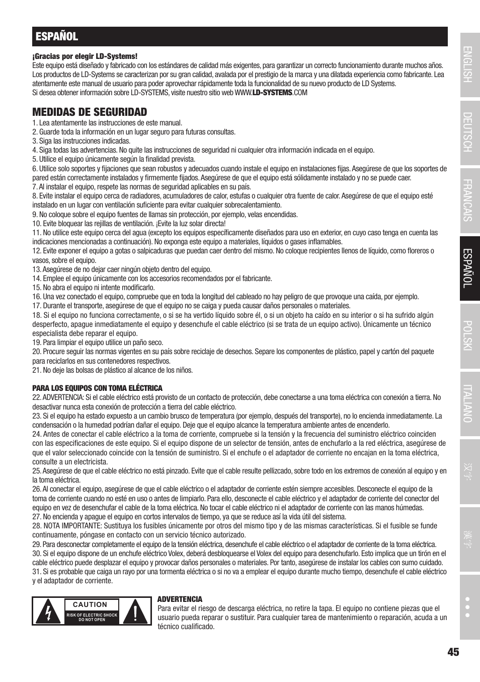Medidas de seguridad | LD Systems CURV 500 AVS Portable Array System AV Set with Speaker Cables (Black) User Manual | Page 45 / 120