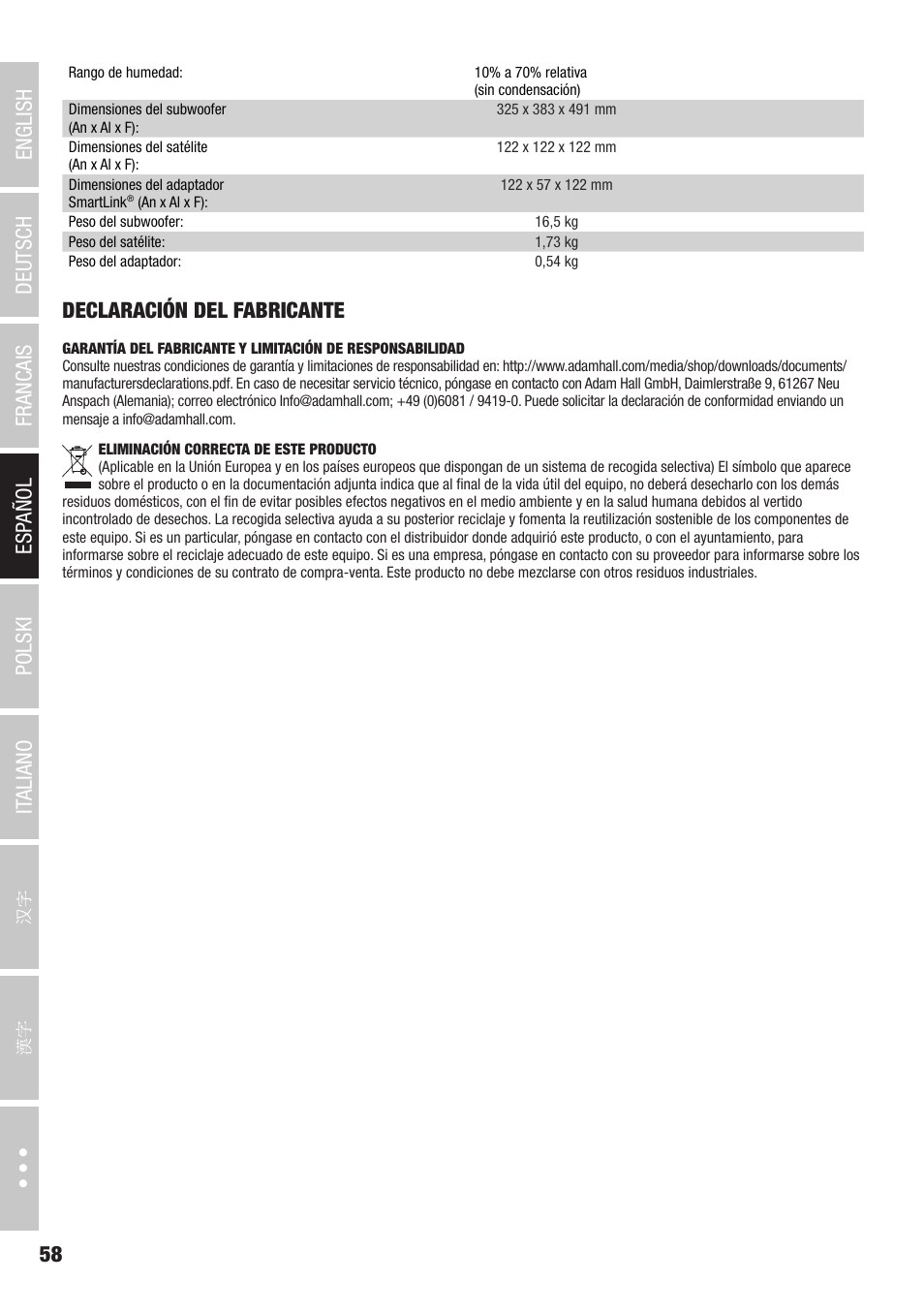 Declaración del fabricante | LD Systems CURV 500 AVS Portable Array System AV Set with Speaker Cables (Black) User Manual | Page 58 / 120