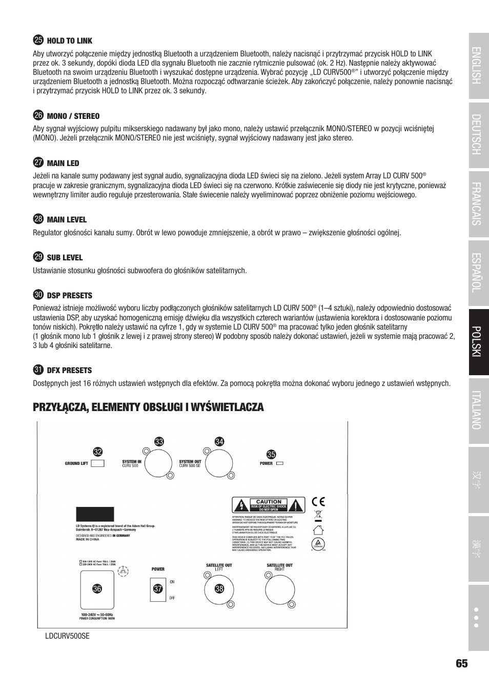 Przyłącza, elementy obsługi i wyświetlacza | LD Systems CURV 500 AVS Portable Array System AV Set with Speaker Cables (Black) User Manual | Page 65 / 120