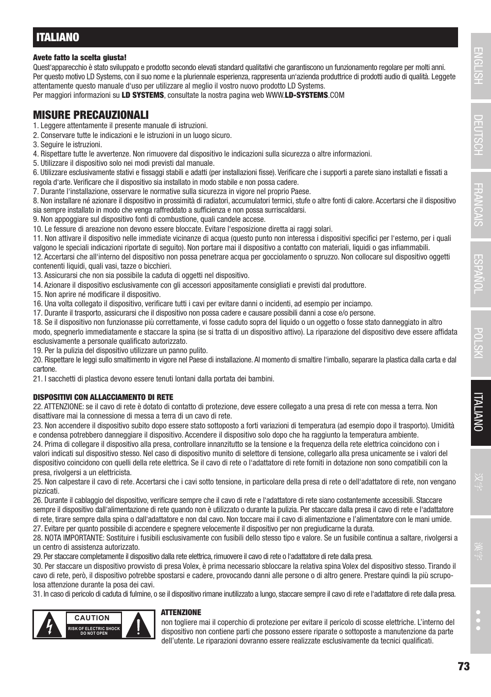 Misure precauzionali | LD Systems CURV 500 AVS Portable Array System AV Set with Speaker Cables (Black) User Manual | Page 73 / 120