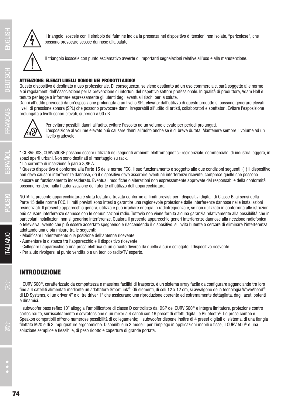 Introduzione | LD Systems CURV 500 AVS Portable Array System AV Set with Speaker Cables (Black) User Manual | Page 74 / 120