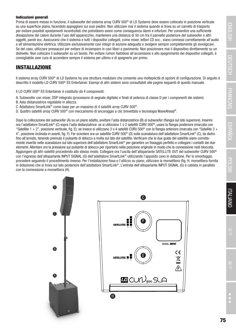 Installazione | LD Systems CURV 500 AVS Portable Array System AV Set with Speaker Cables (Black) User Manual | Page 75 / 120