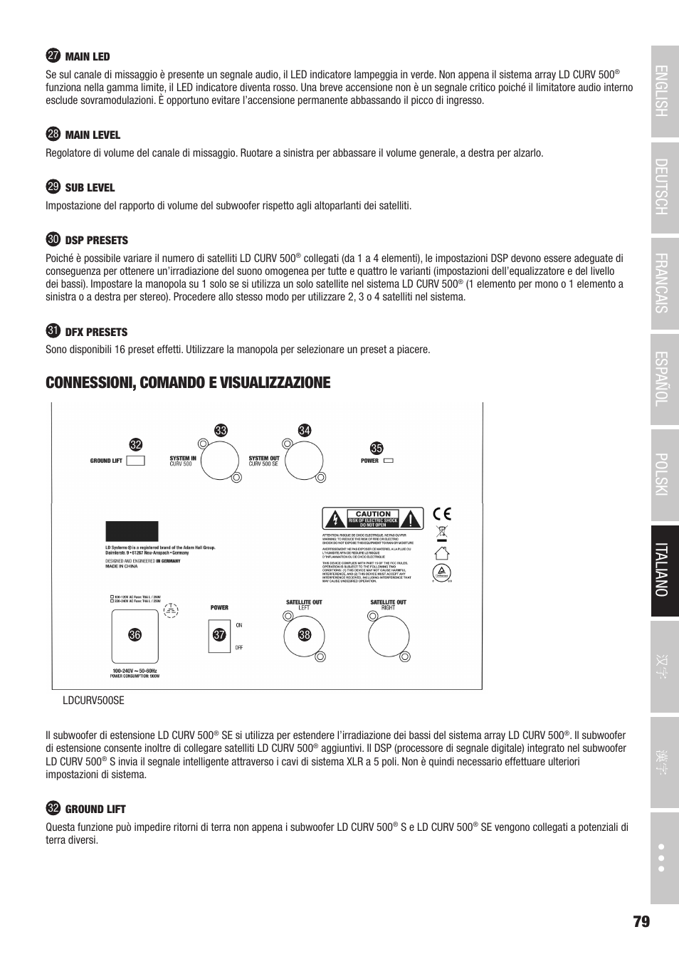 Connessioni, comando e visualizzazione | LD Systems CURV 500 AVS Portable Array System AV Set with Speaker Cables (Black) User Manual | Page 79 / 120