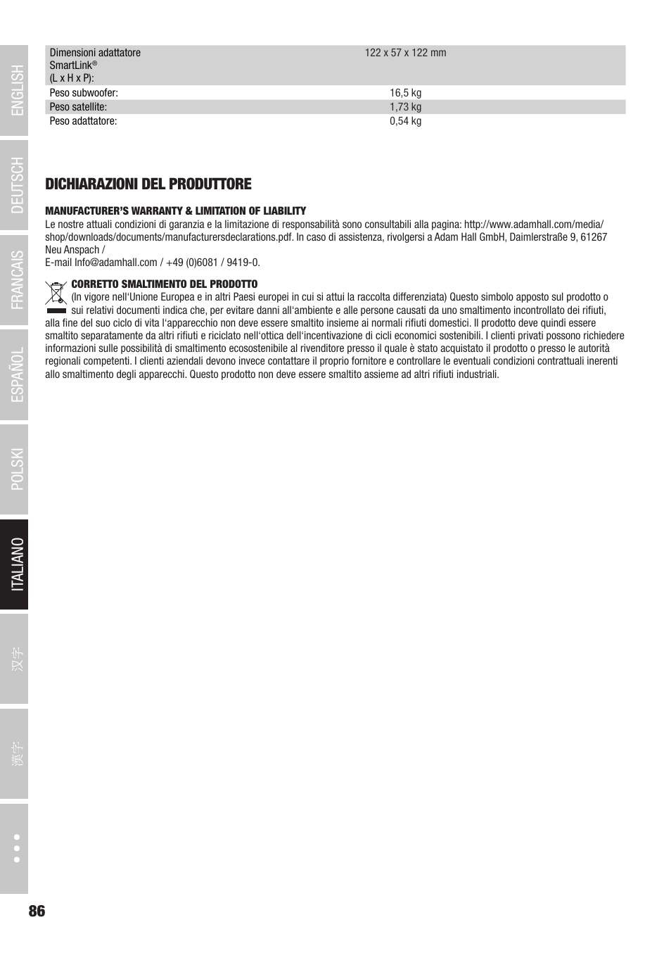 Dichiarazioni del produttore | LD Systems CURV 500 AVS Portable Array System AV Set with Speaker Cables (Black) User Manual | Page 86 / 120