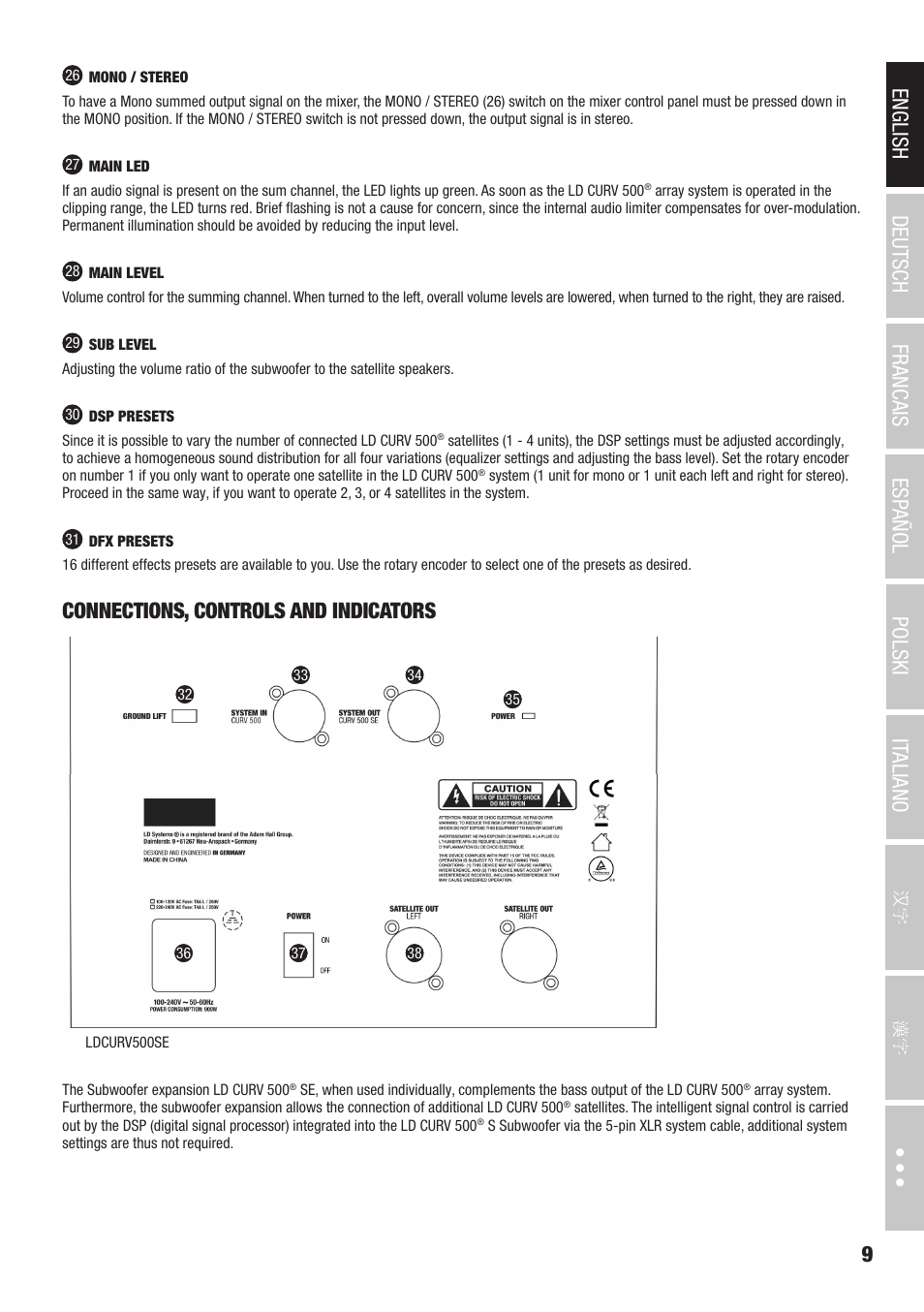 Connections, controls and indicators | LD Systems CURV 500 AVS Portable Array System AV Set with Speaker Cables (Black) User Manual | Page 9 / 120