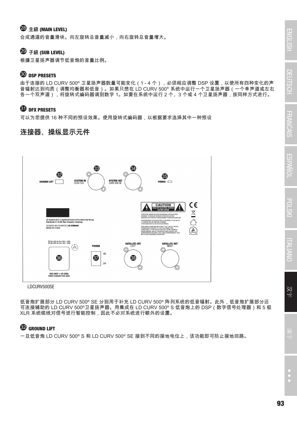 连接器、操纵显示元件 | LD Systems CURV 500 AVS Portable Array System AV Set with Speaker Cables (Black) User Manual | Page 93 / 120