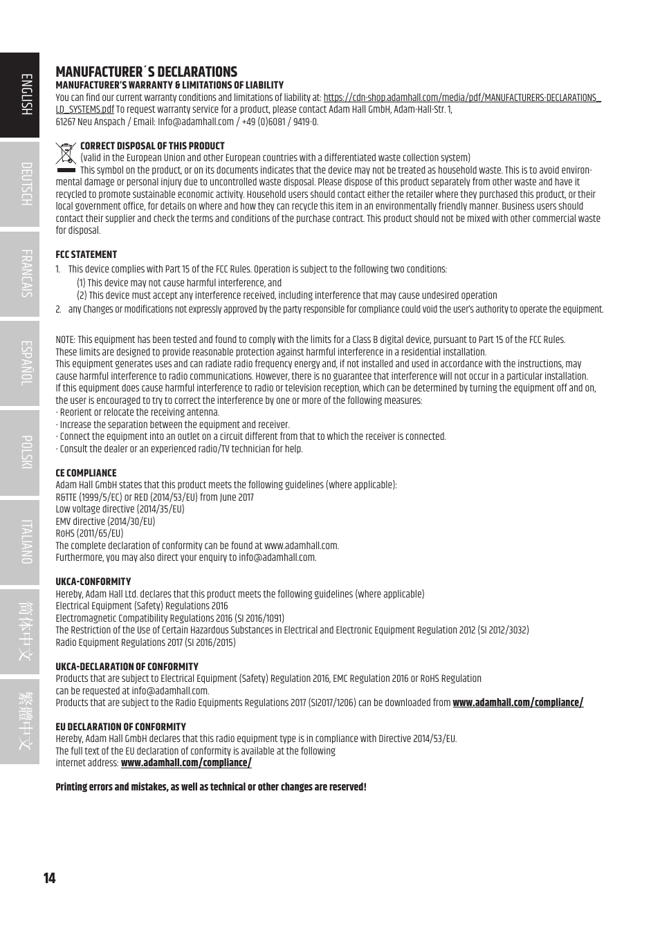 Manufacturer´s declarations | LD Systems MAUI 5 Ultra-Portable Column PA System with Mixer and Bluetooth (Black) User Manual | Page 14 / 104