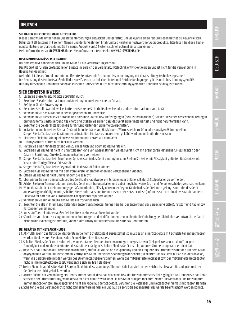 Deutsch, Sicherheitshinweise | LD Systems MAUI 5 Ultra-Portable Column PA System with Mixer and Bluetooth (Black) User Manual | Page 15 / 104