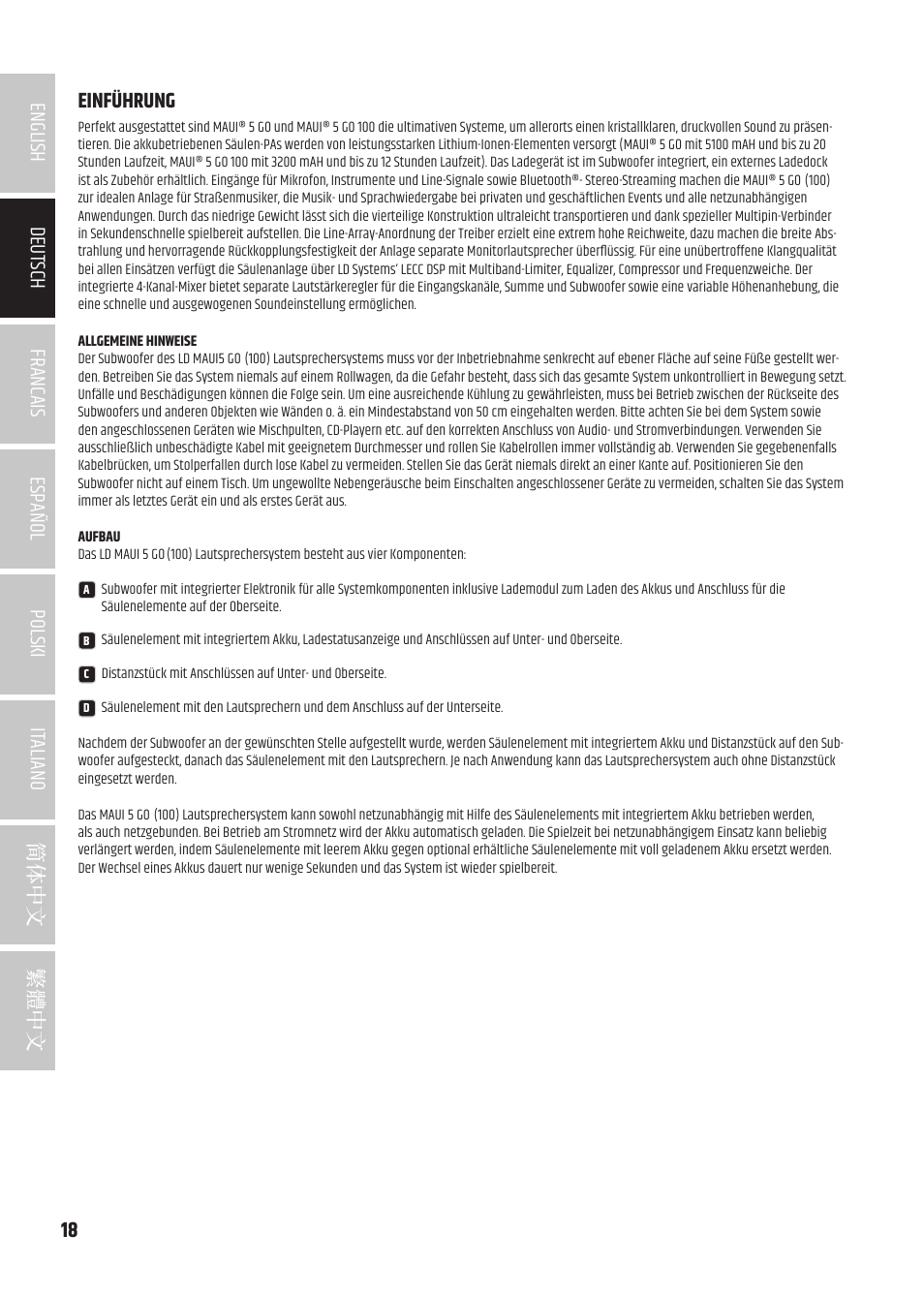 Einführung, Einführung 18 | LD Systems MAUI 5 Ultra-Portable Column PA System with Mixer and Bluetooth (Black) User Manual | Page 18 / 104