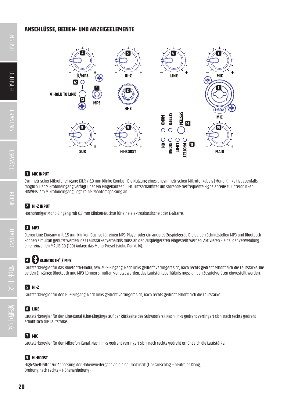 Anschlüsse, bedien- und anzeigeelemente | LD Systems MAUI 5 Ultra-Portable Column PA System with Mixer and Bluetooth (Black) User Manual | Page 20 / 104