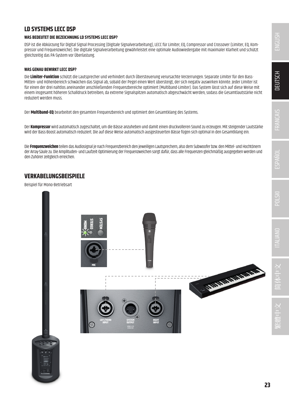 Ld systems lecc dsp, Verkabelungsbeispiele, Verkabelungsbeispiele 23 | LD Systems MAUI 5 Ultra-Portable Column PA System with Mixer and Bluetooth (Black) User Manual | Page 23 / 104