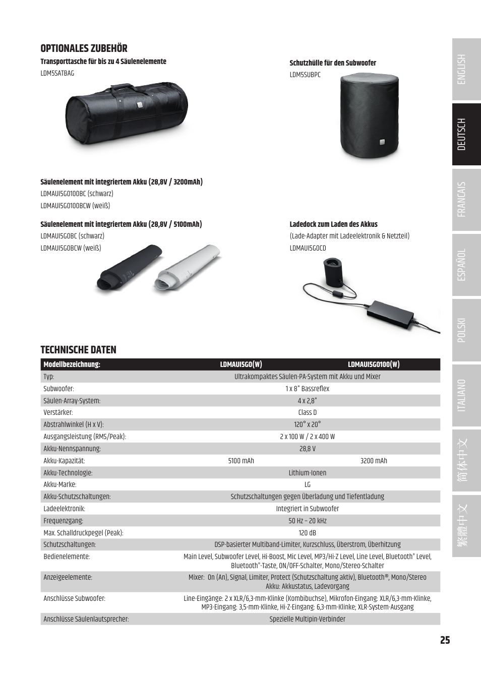 Optionales zubehör, Technische daten | LD Systems MAUI 5 Ultra-Portable Column PA System with Mixer and Bluetooth (Black) User Manual | Page 25 / 104