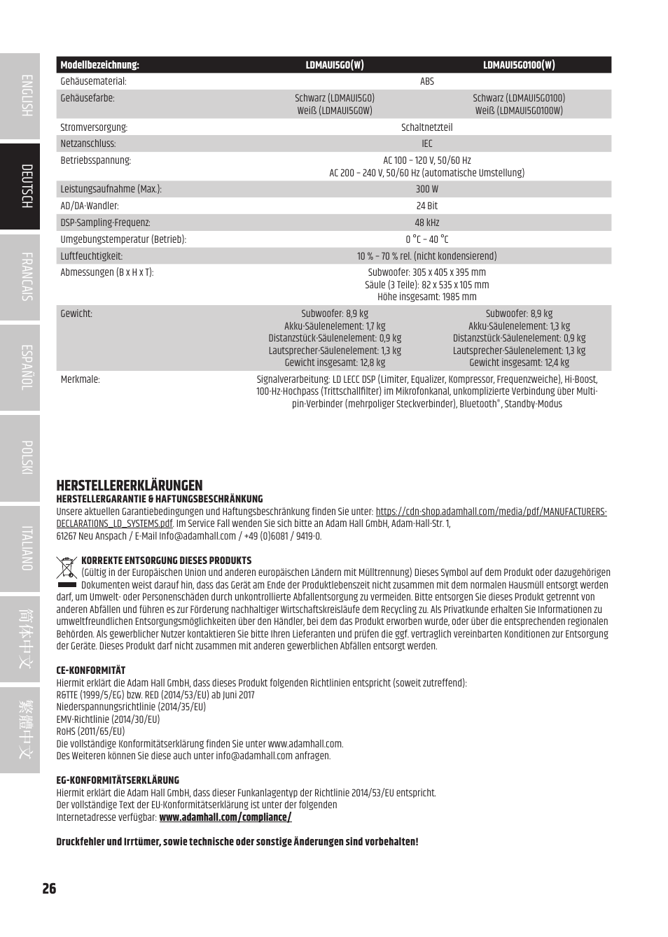 Herstellererklärungen, Herstellererklärungen 26 | LD Systems MAUI 5 Ultra-Portable Column PA System with Mixer and Bluetooth (Black) User Manual | Page 26 / 104