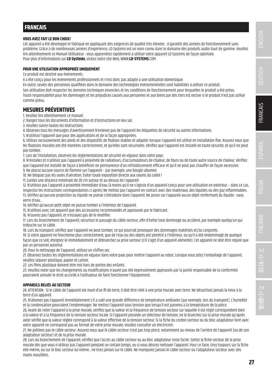 Francais, Mesures préventives | LD Systems MAUI 5 Ultra-Portable Column PA System with Mixer and Bluetooth (Black) User Manual | Page 27 / 104