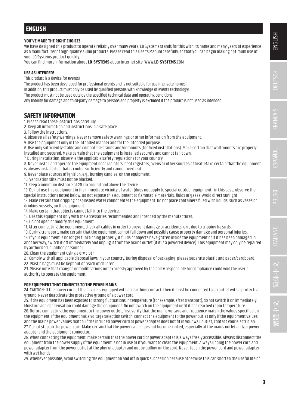 English, Safety information | LD Systems MAUI 5 Ultra-Portable Column PA System with Mixer and Bluetooth (Black) User Manual | Page 3 / 104