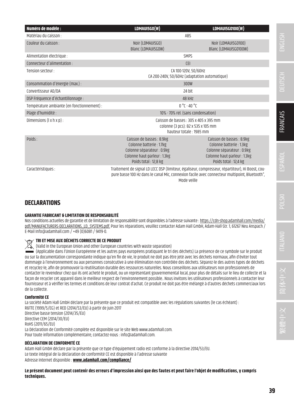 Declarations, Declarations 39 | LD Systems MAUI 5 Ultra-Portable Column PA System with Mixer and Bluetooth (Black) User Manual | Page 39 / 104