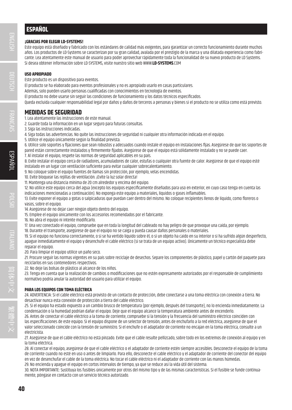 Español, Medidas de seguridad | LD Systems MAUI 5 Ultra-Portable Column PA System with Mixer and Bluetooth (Black) User Manual | Page 40 / 104