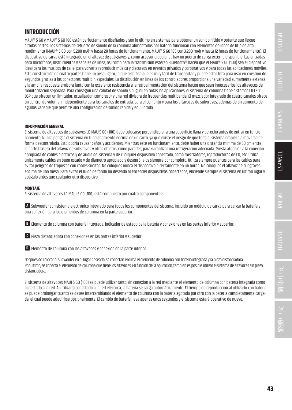 Introducción, Introducción 43 | LD Systems MAUI 5 Ultra-Portable Column PA System with Mixer and Bluetooth (Black) User Manual | Page 43 / 104