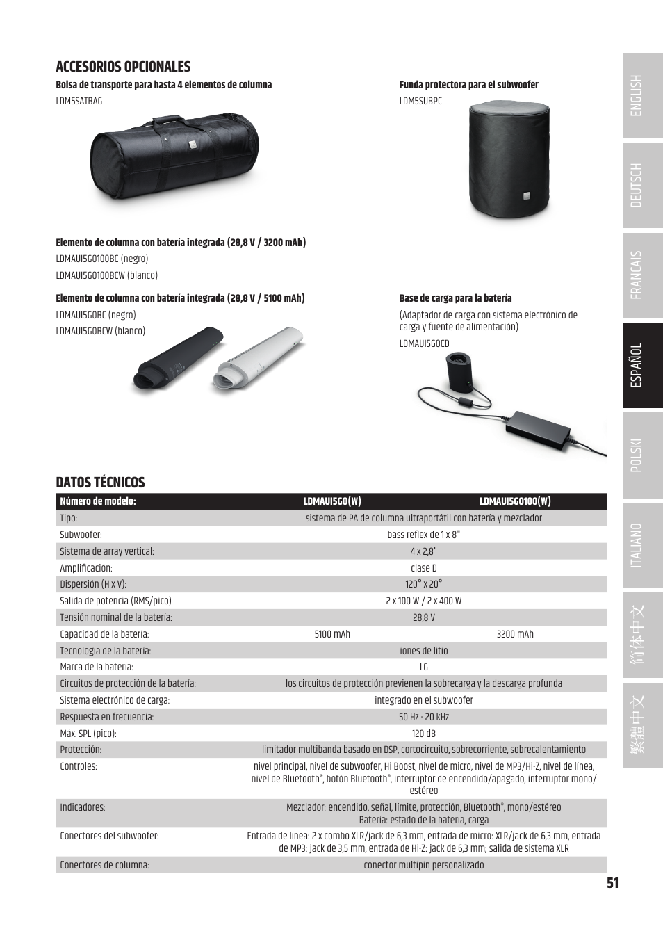 Accesorios opcionales, Datos técnicos, Datos técnicos accesorios opcionales | LD Systems MAUI 5 Ultra-Portable Column PA System with Mixer and Bluetooth (Black) User Manual | Page 51 / 104