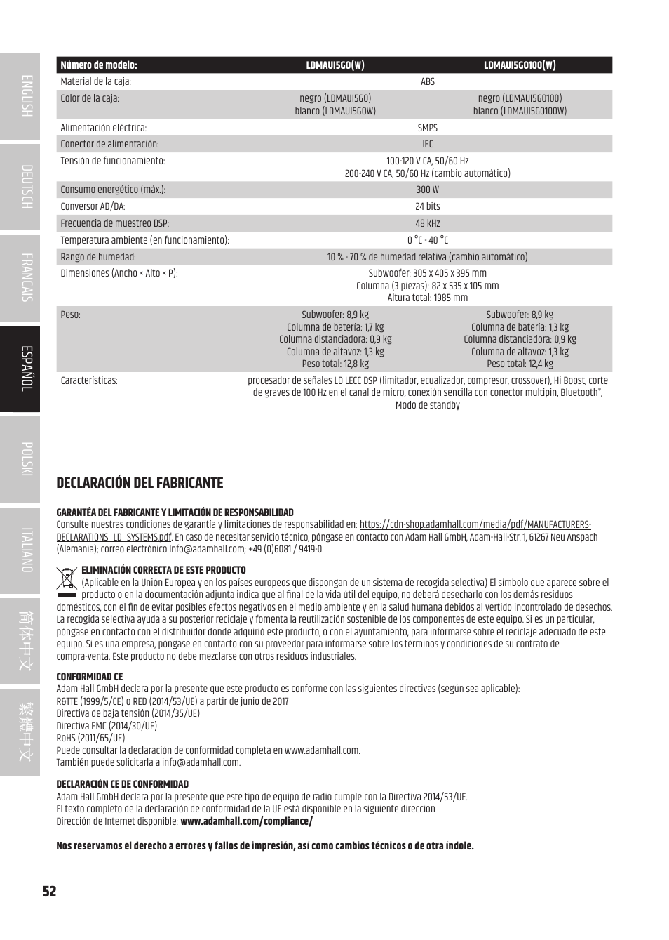 Declaración del fabricante | LD Systems MAUI 5 Ultra-Portable Column PA System with Mixer and Bluetooth (Black) User Manual | Page 52 / 104