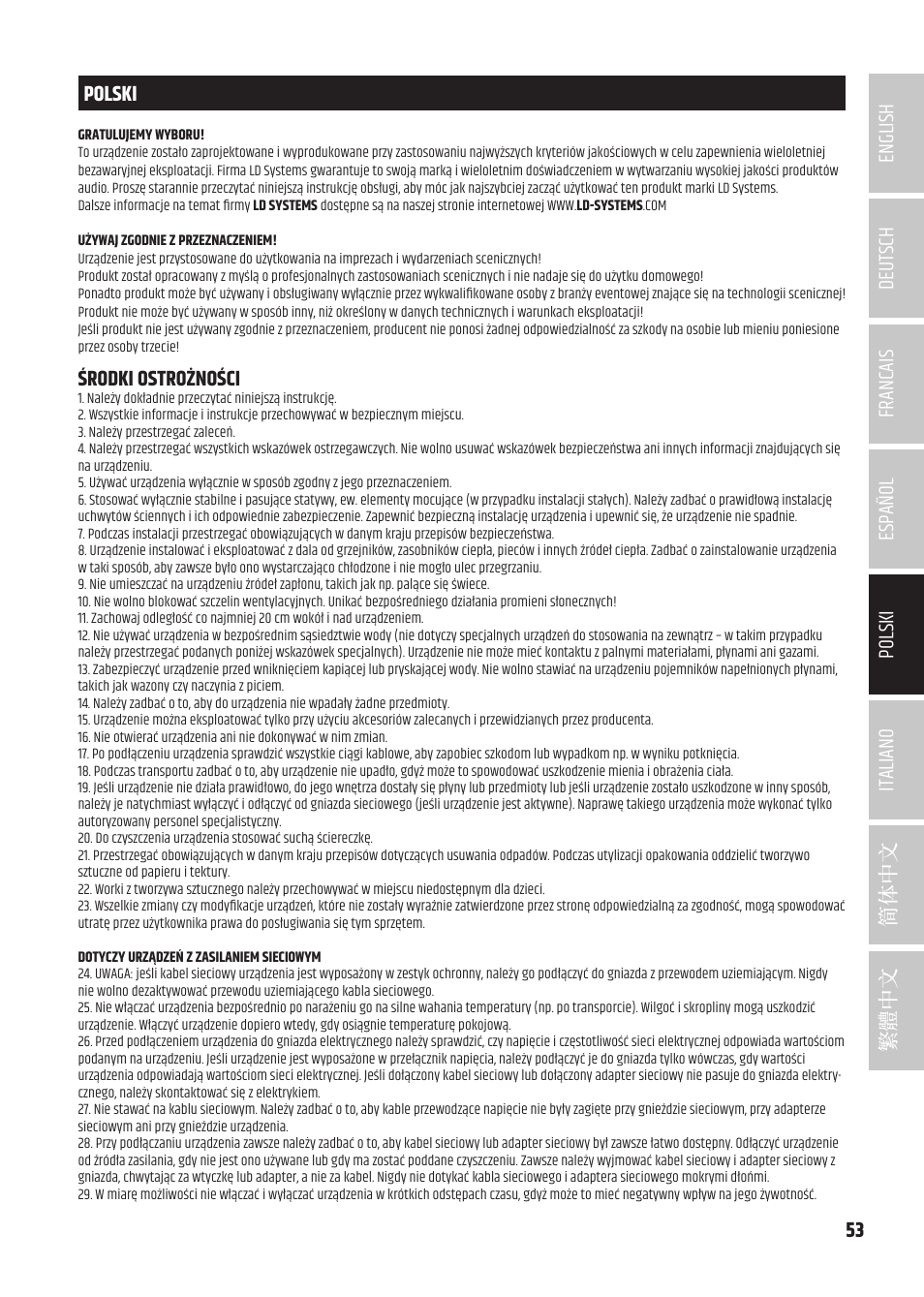 Polski, Środki ostrożności | LD Systems MAUI 5 Ultra-Portable Column PA System with Mixer and Bluetooth (Black) User Manual | Page 53 / 104