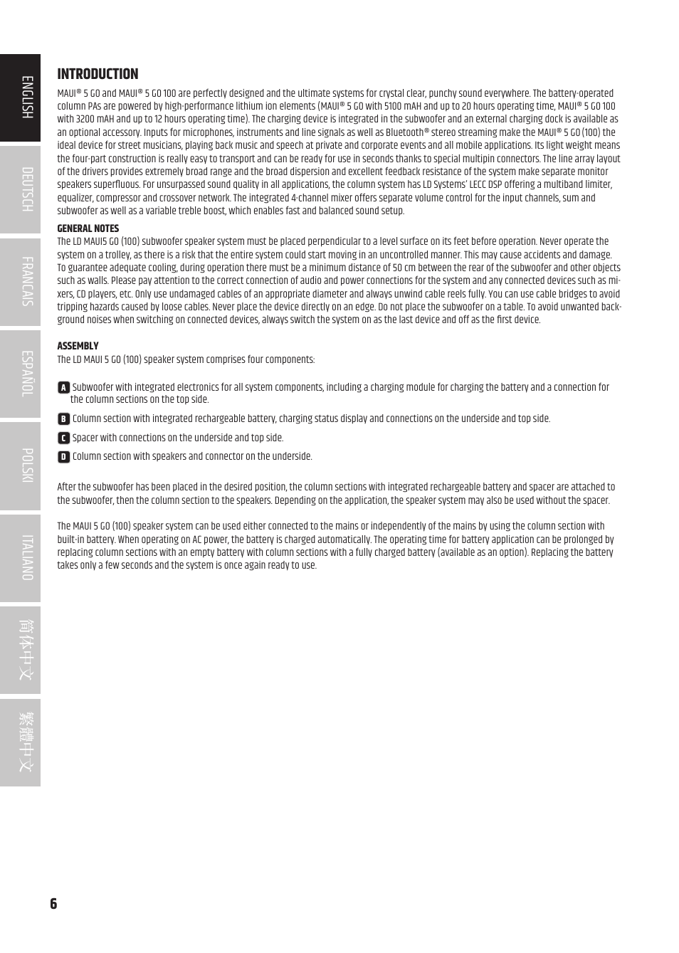 Introduction, Introduction 6 | LD Systems MAUI 5 Ultra-Portable Column PA System with Mixer and Bluetooth (Black) User Manual | Page 6 / 104