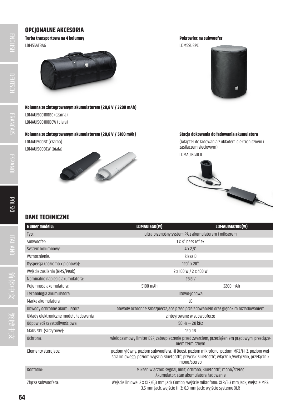 Opcjonalne akcesoria, Dane techniczne, Dane techniczne opcjonalne akcesoria | LD Systems MAUI 5 Ultra-Portable Column PA System with Mixer and Bluetooth (Black) User Manual | Page 64 / 104