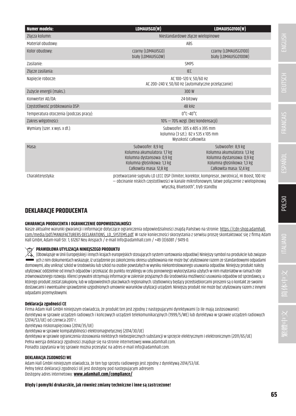 Deklaracje producenta | LD Systems MAUI 5 Ultra-Portable Column PA System with Mixer and Bluetooth (Black) User Manual | Page 65 / 104