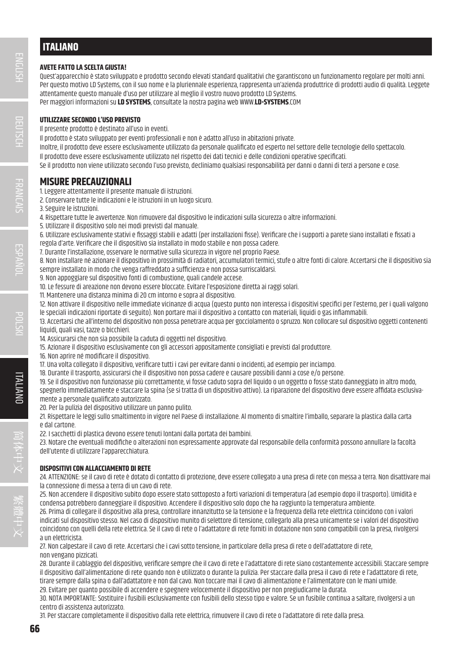 Italiano, Misure precauzionali | LD Systems MAUI 5 Ultra-Portable Column PA System with Mixer and Bluetooth (Black) User Manual | Page 66 / 104