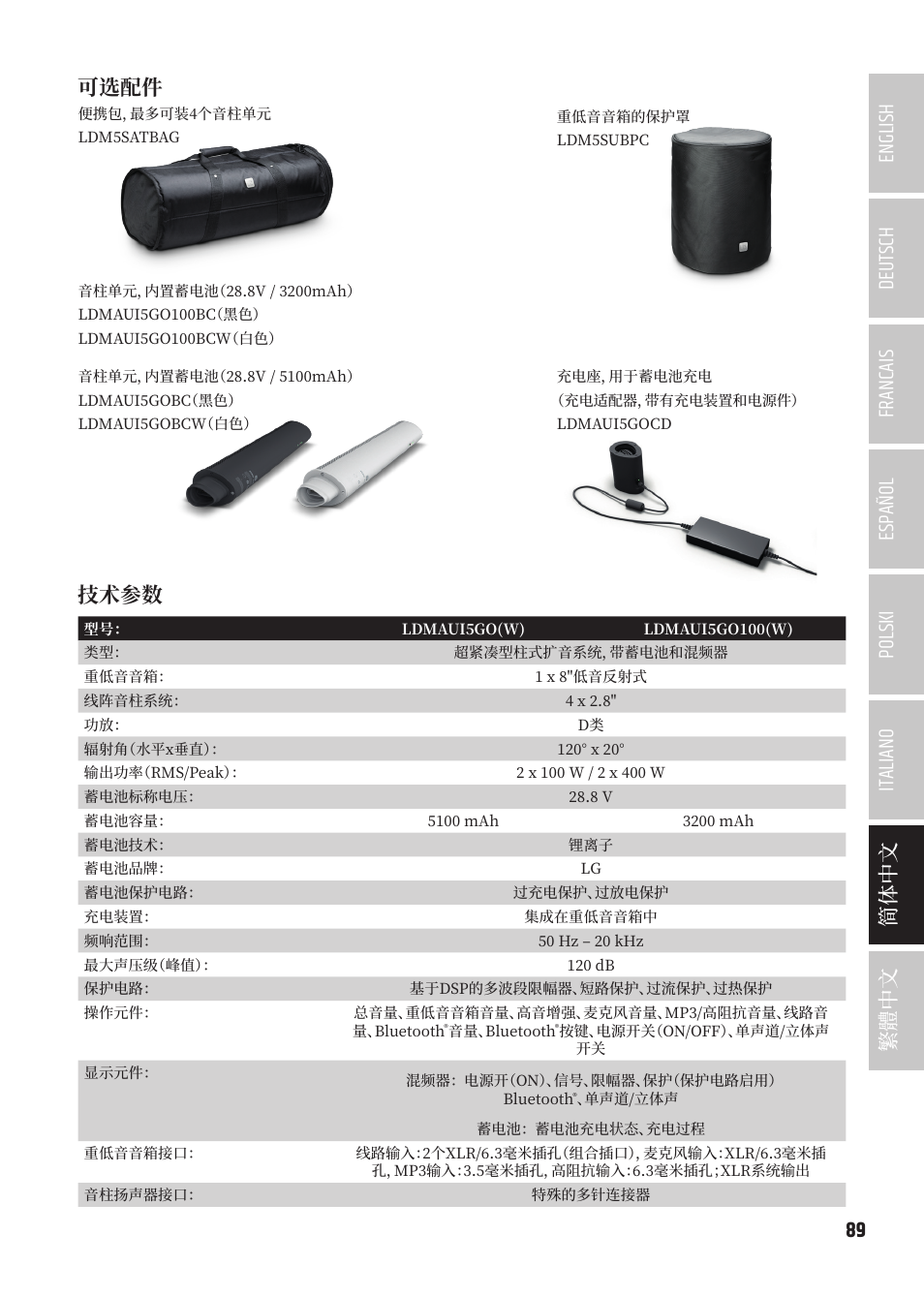 可选配件, 技术参数 | LD Systems MAUI 5 Ultra-Portable Column PA System with Mixer and Bluetooth (Black) User Manual | Page 89 / 104