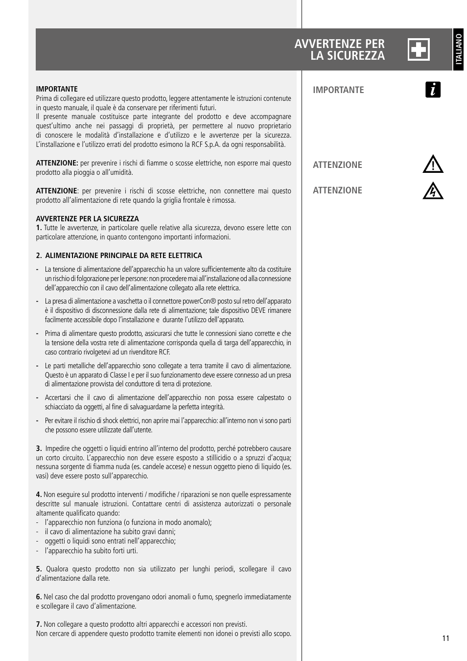 Avvertenze per la sicurezza | RCF EJ8 Active 12" 2-Way 1400W Portable Line Array PA System (Black) User Manual | Page 11 / 20