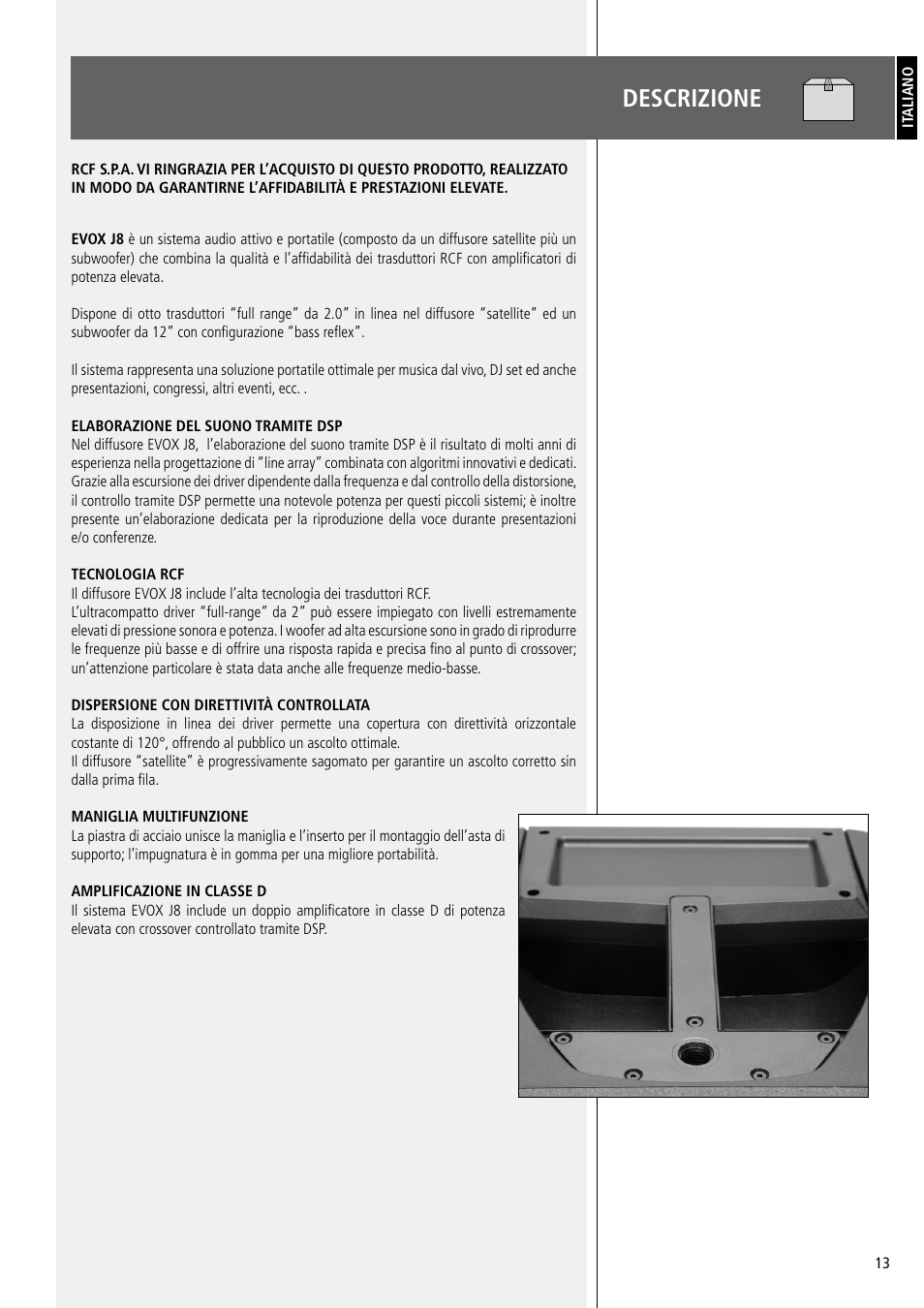 Descrizione | RCF EJ8 Active 12" 2-Way 1400W Portable Line Array PA System (Black) User Manual | Page 13 / 20