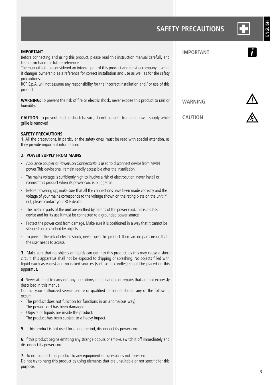Safety precautions | RCF EJ8 Active 12" 2-Way 1400W Portable Line Array PA System (Black) User Manual | Page 3 / 20