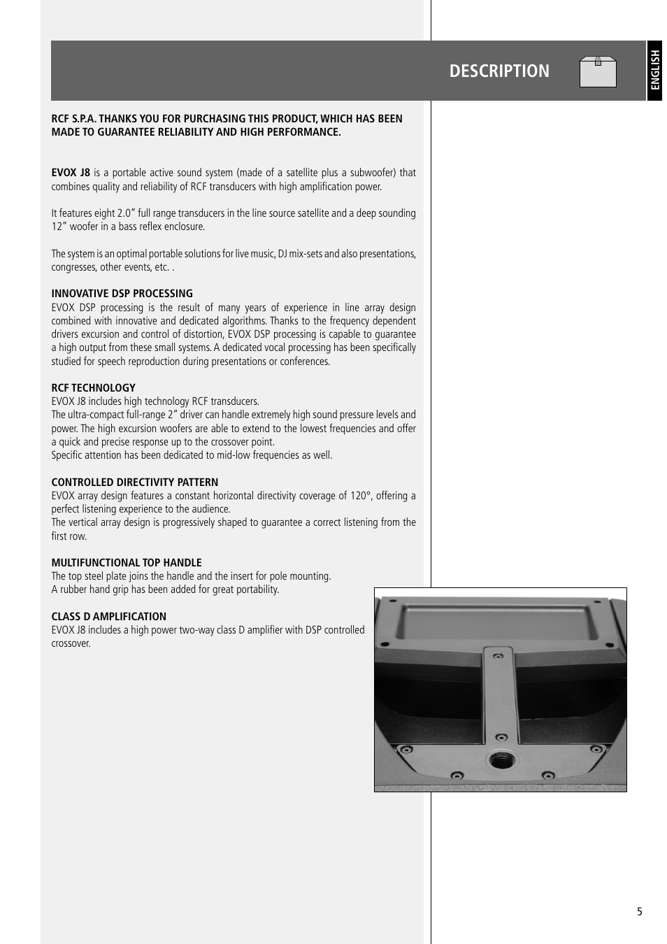 Description | RCF EJ8 Active 12" 2-Way 1400W Portable Line Array PA System (Black) User Manual | Page 5 / 20