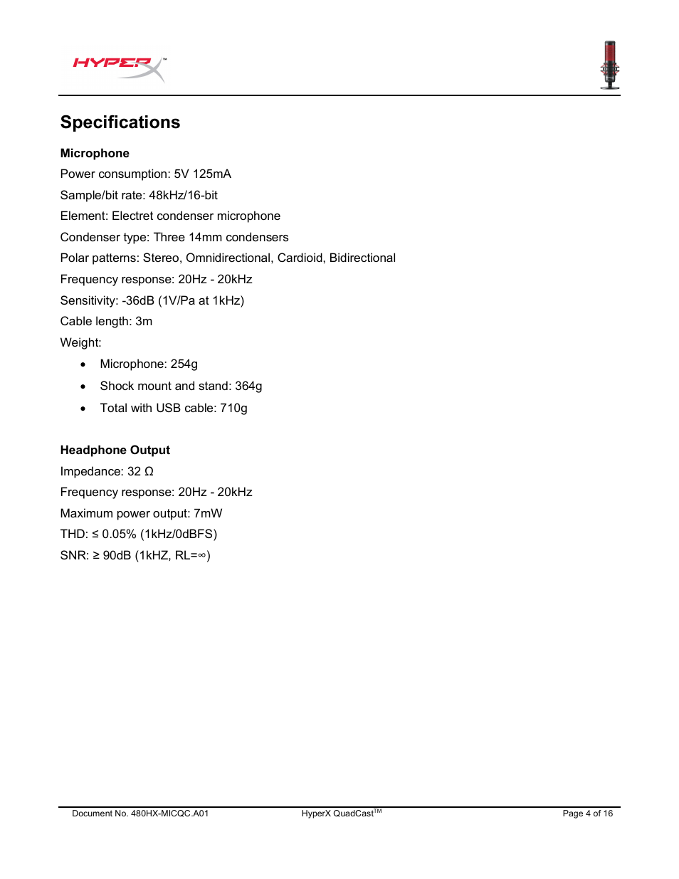 Specifications | HyperX QuadCast USB Condenser Microphone User Manual | Page 5 / 241