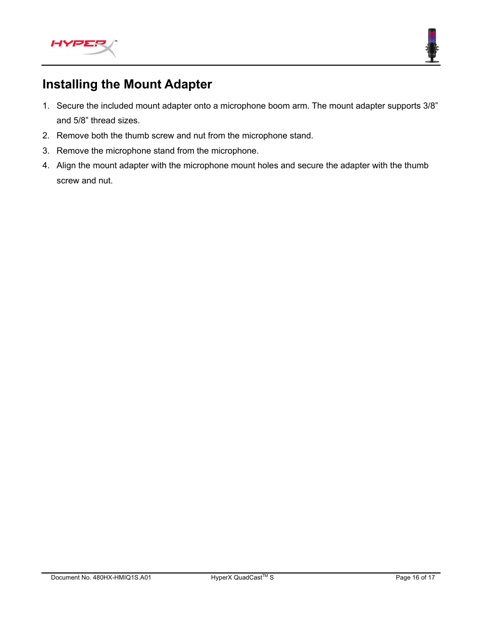 Installing the mount adapter | HyperX QuadCast S USB Condenser Microphone User Manual | Page 17 / 273
