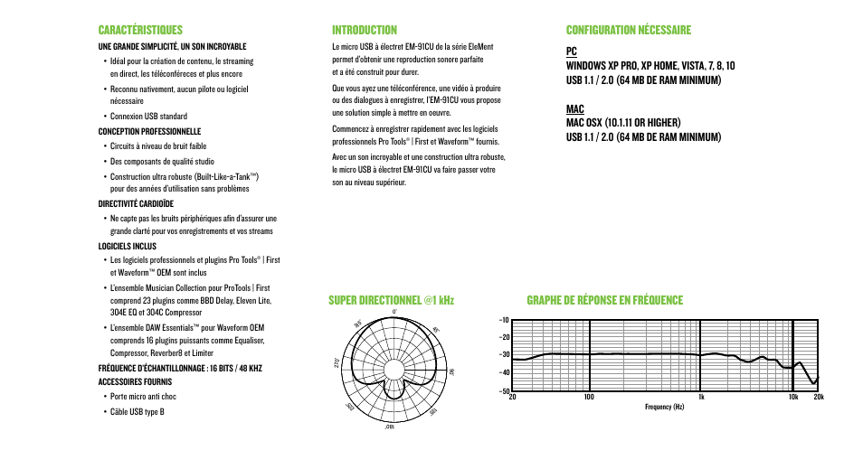 Introduction, Caractéristiques | MACKIE EM-91CU USB Condenser Microphone User Manual | Page 10 / 16