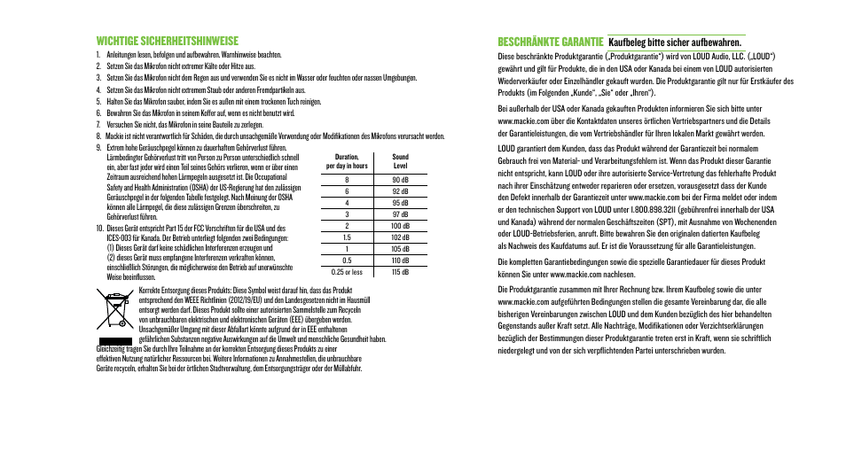 Beschränkte garantie, Wichtige sicherheitshinweise, Kaufbeleg bitte sicher aufbewahren | MACKIE EM-91CU USB Condenser Microphone User Manual | Page 12 / 16