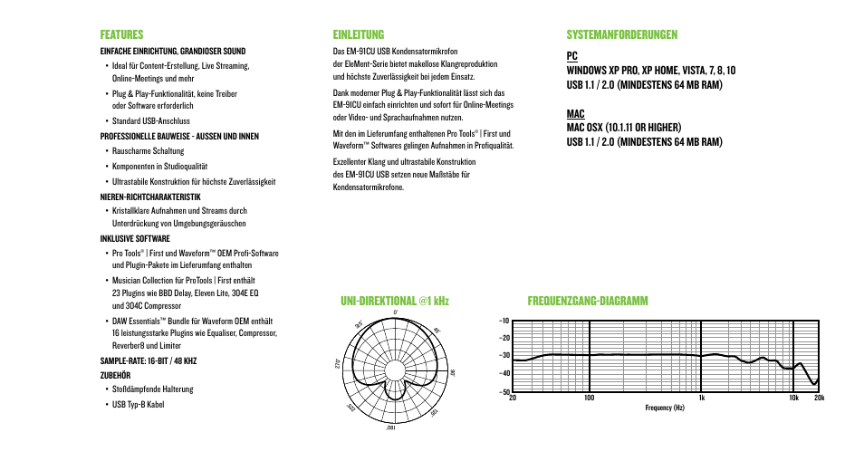 Einleitung, Features | MACKIE EM-91CU USB Condenser Microphone User Manual | Page 13 / 16