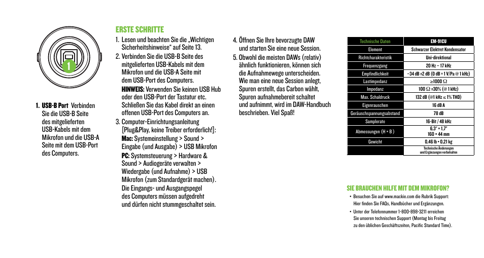 Erste schritte | MACKIE EM-91CU USB Condenser Microphone User Manual | Page 14 / 16