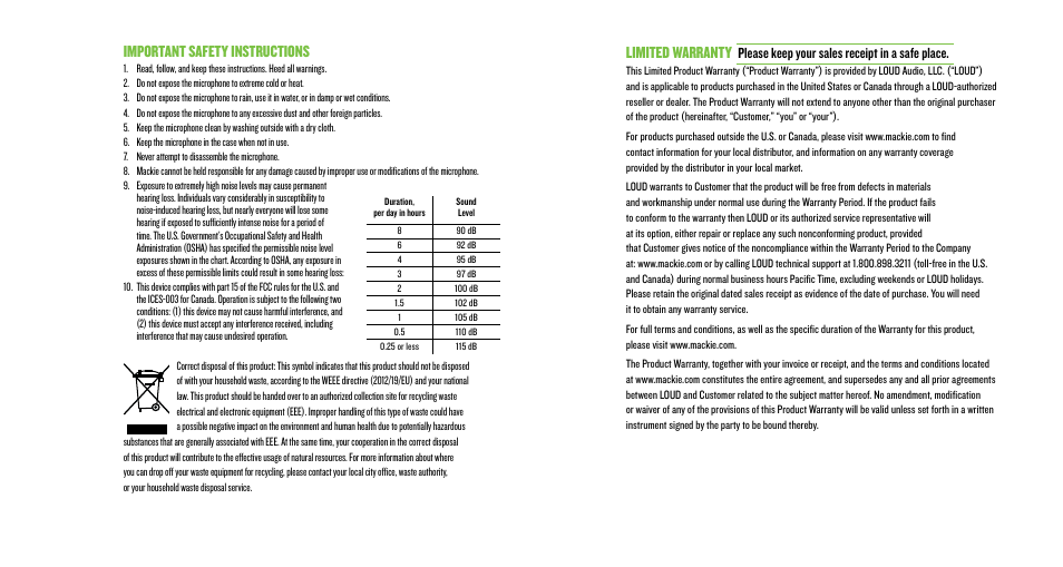 Important safety instructions, Limited warranty, Please keep your sales receipt in a safe place | MACKIE EM-91CU USB Condenser Microphone User Manual | Page 3 / 16