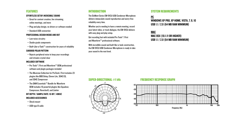 Introduction, Features | MACKIE EM-91CU USB Condenser Microphone User Manual | Page 4 / 16