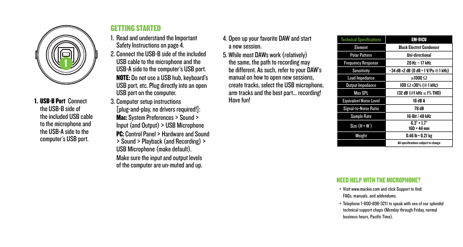 Getting started | MACKIE EM-91CU USB Condenser Microphone User Manual | Page 5 / 16