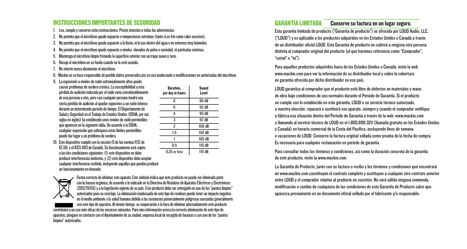 Garantía limitada, Instrucciones importantes de seguridad, Conserve su factura en un lugar seguro | MACKIE EM-91CU USB Condenser Microphone User Manual | Page 6 / 16